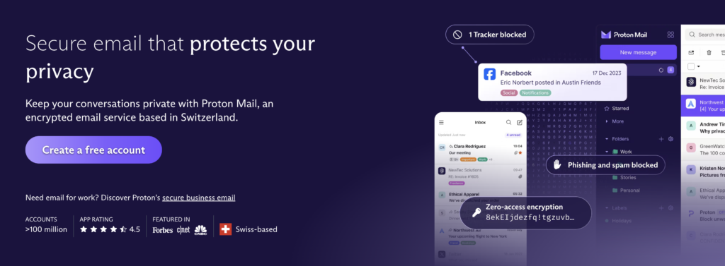 Proton mail homepage to compare against gmail and outlook